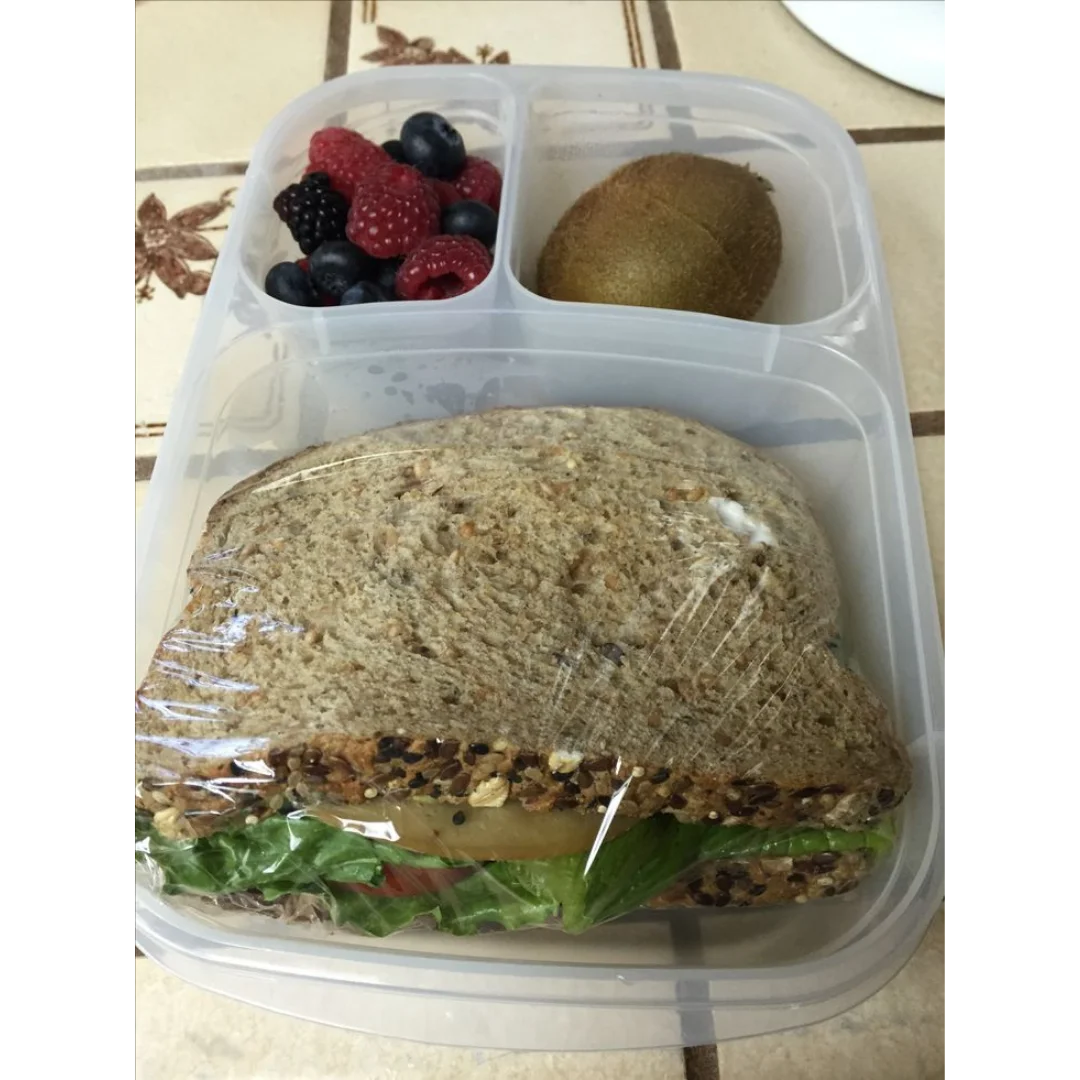 Lonchera escolar que regresa a casa con el sándwich húmedo y la fruta oxidada