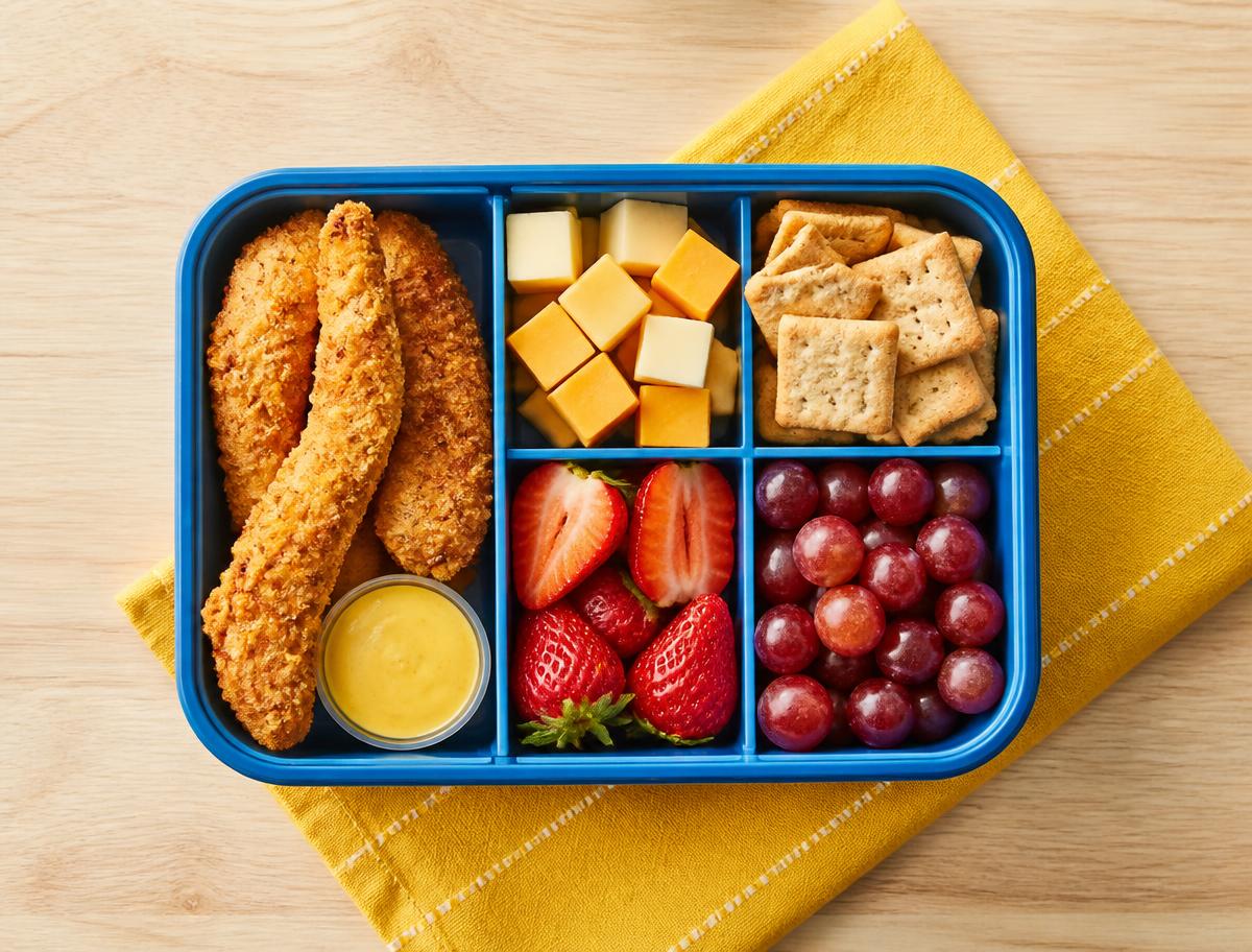Lonchera armada con proteína crocante, queso, galletas y fruta fresca en compartimentos separados