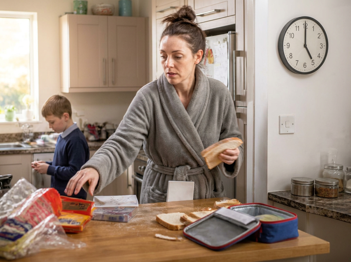 Mamá apurada a las 5:00 AM en una cocina desordenada preparando la lonchera